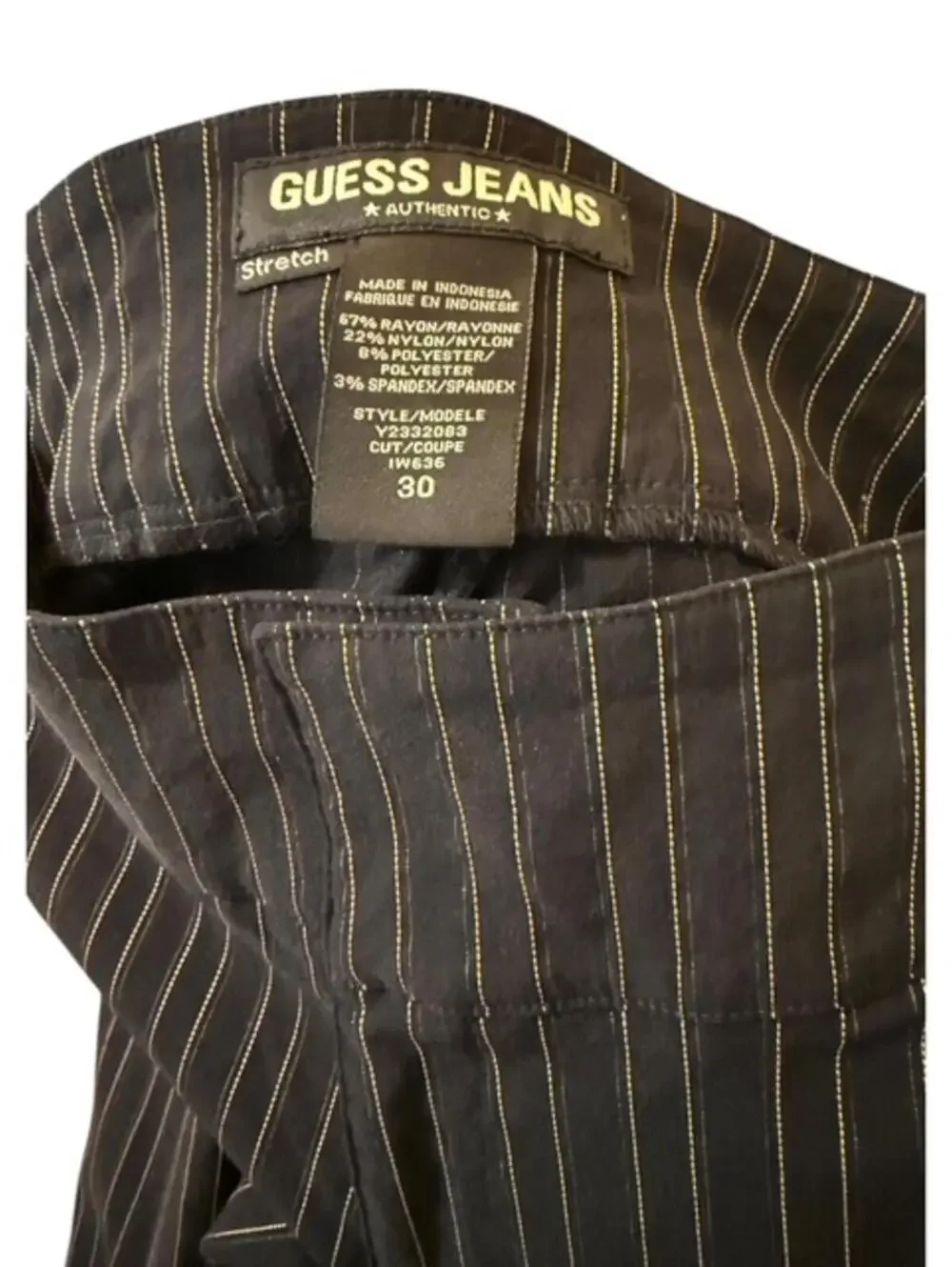 Black Pinstripe Flared Pants Women's Guess Jeans Size 30 Strech Gold Poly/Rayon - Picture 4 of 5